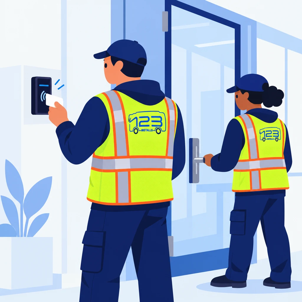 123 Installs technician checking a card reader and secured access