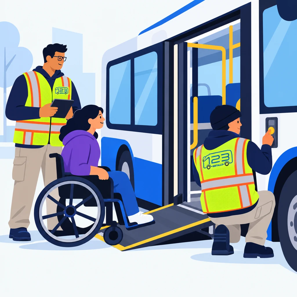 Accessible bus boarding and ramp equipment with a 123 Installs technician