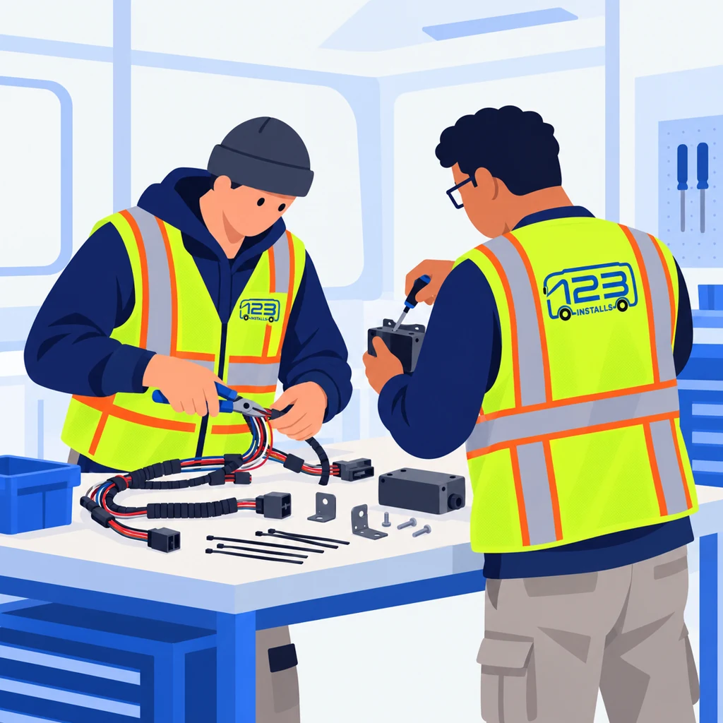 123 Installs technicians assembling equipment and mounting hardware