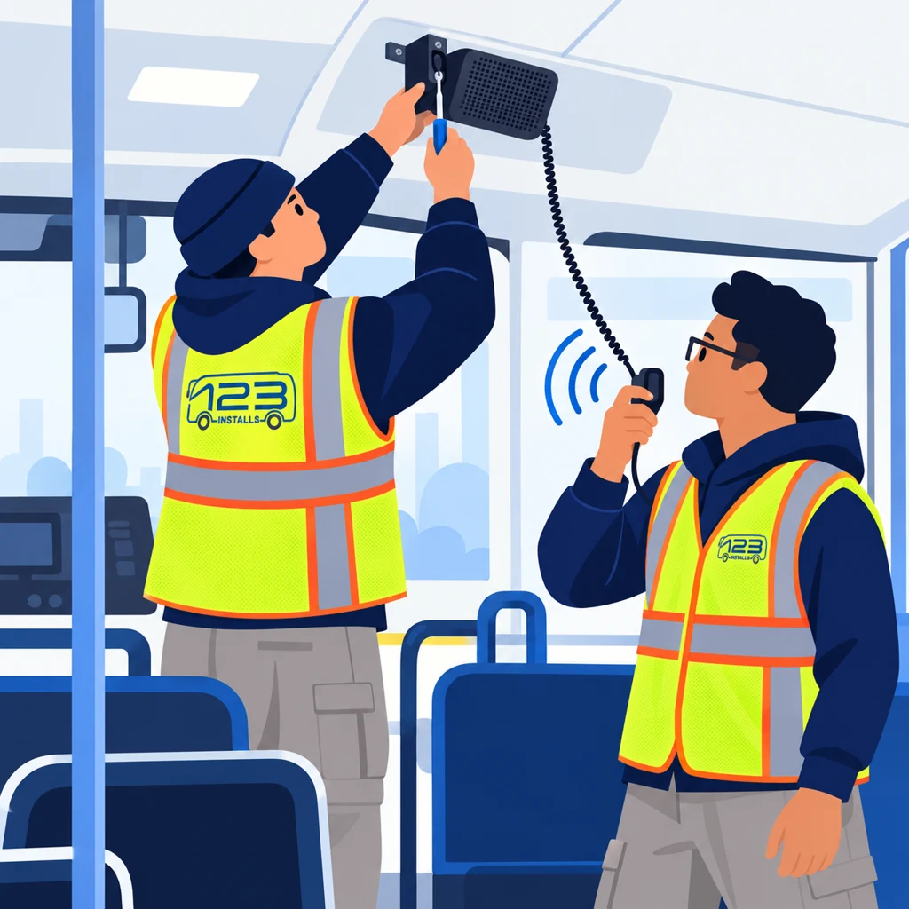 123 Installs technicians installing passenger announcement equipment