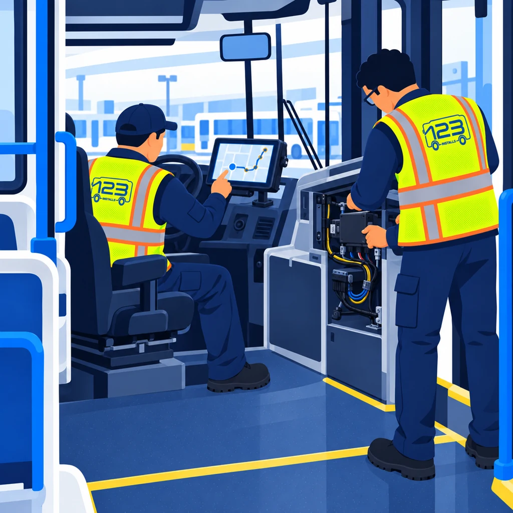 123 Installs technicians testing a mounted CAD/AVL driver terminal and connecting onboard equipment