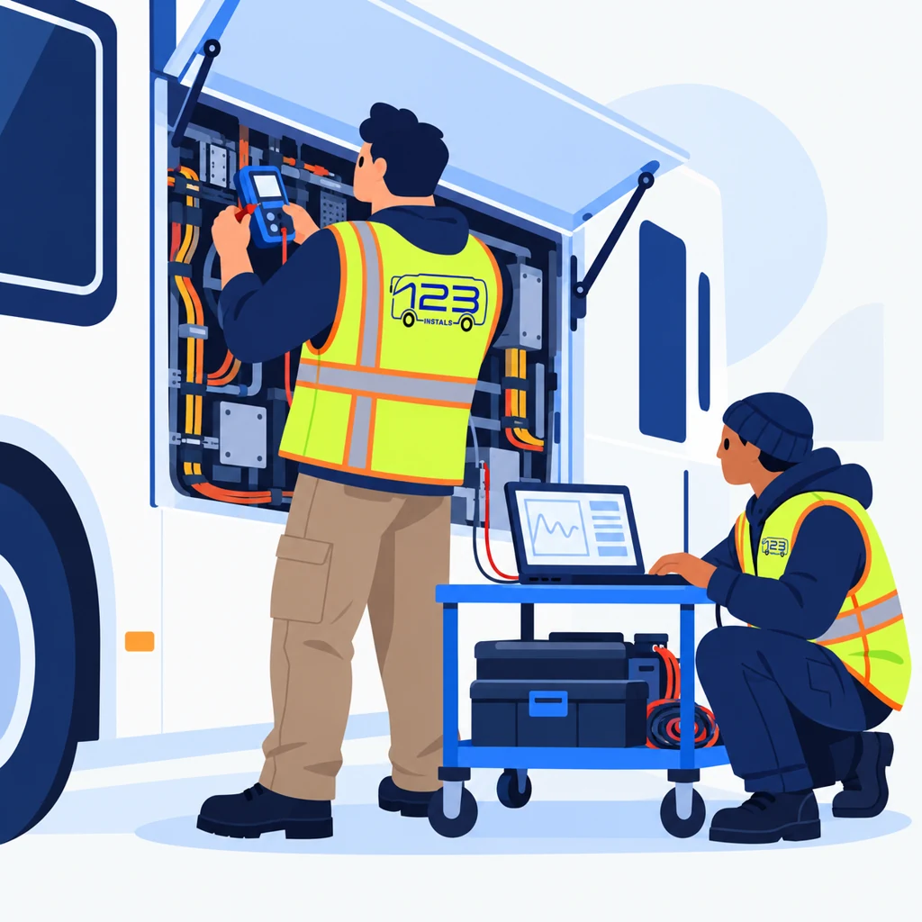 123 Installs technician checking a vehicle wiring harness