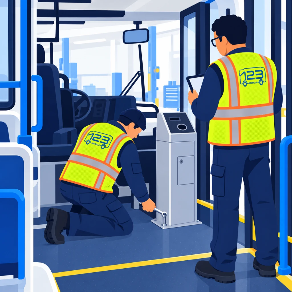 123 Installs technician fitting an unbranded farebox beside a bus boarding door