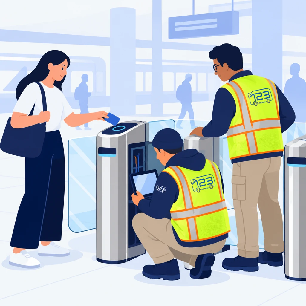 123 Installs technician checking a generic station faregate