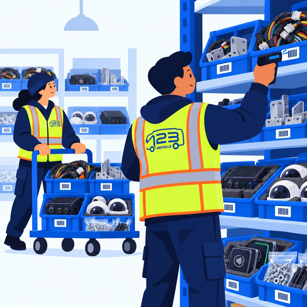 123 Installs warehouse technician checking equipment inventory