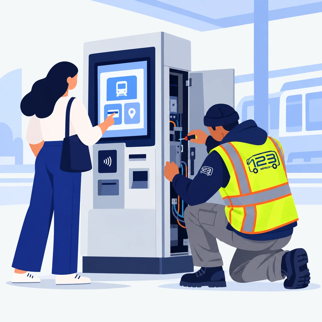 123 Installs technician servicing a ticket vending machine