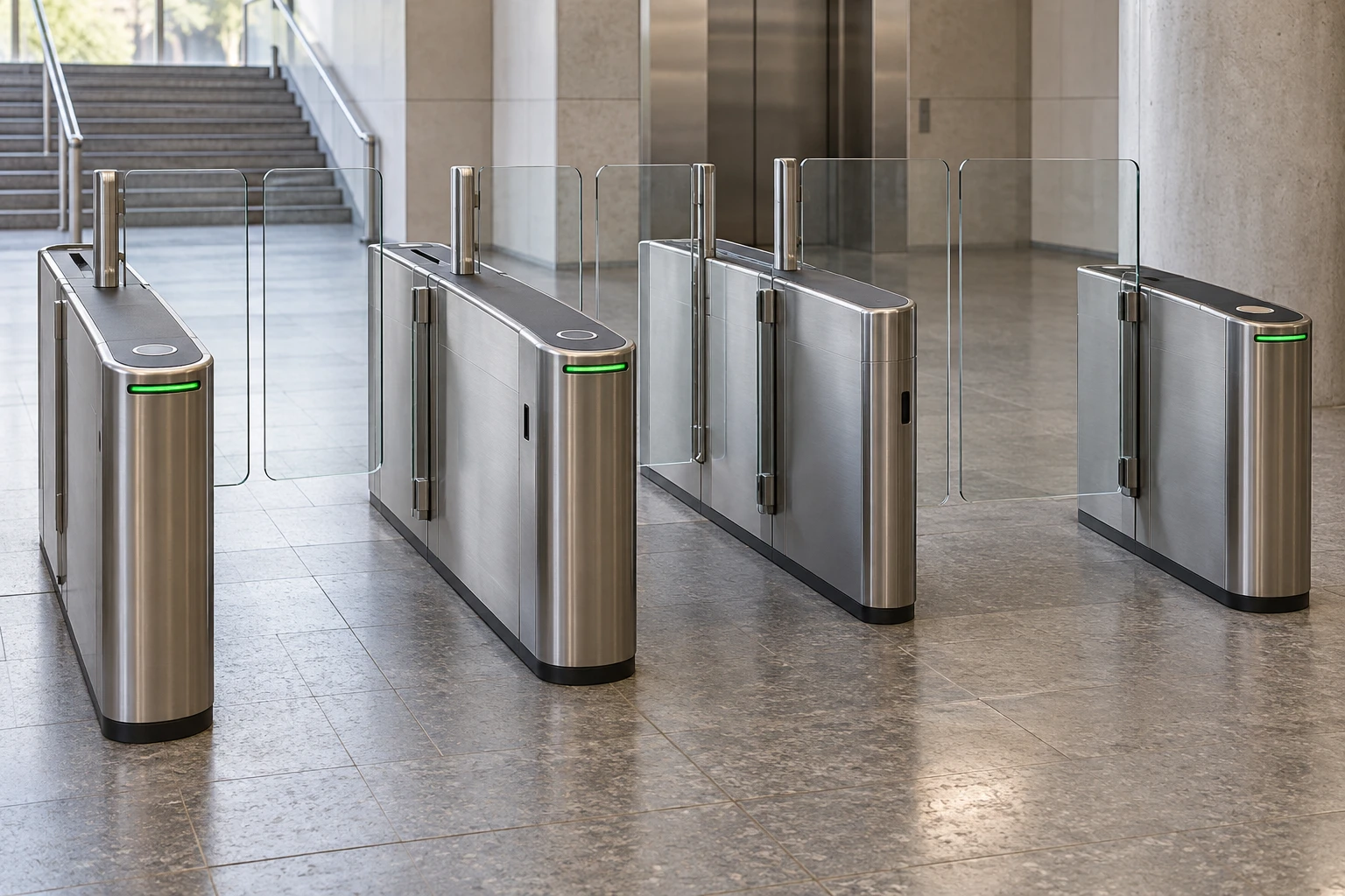 Illustration of unbranded transit gates with glass swing barriers and contactless readers