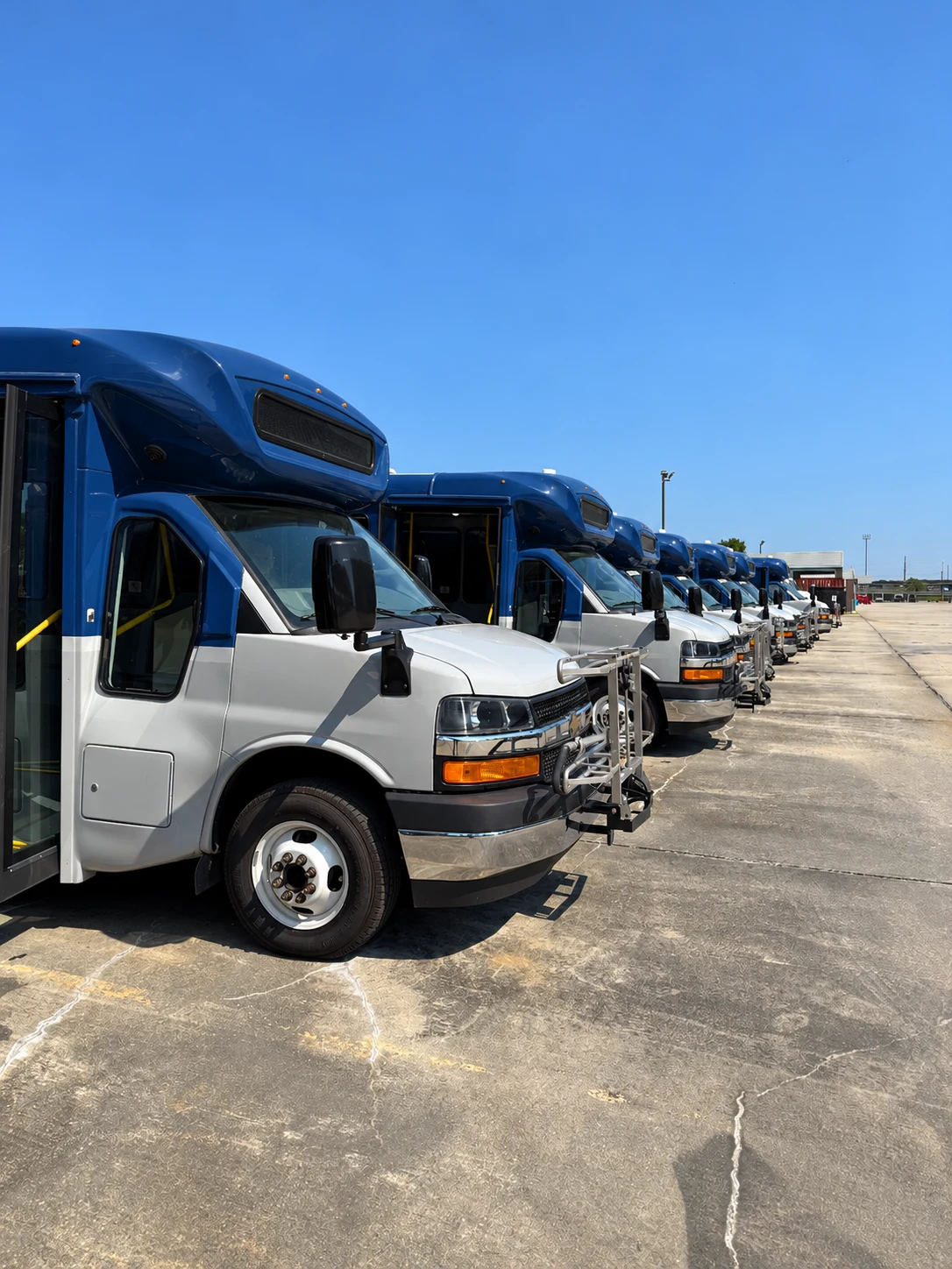 Transit vehicles at a fleet facility