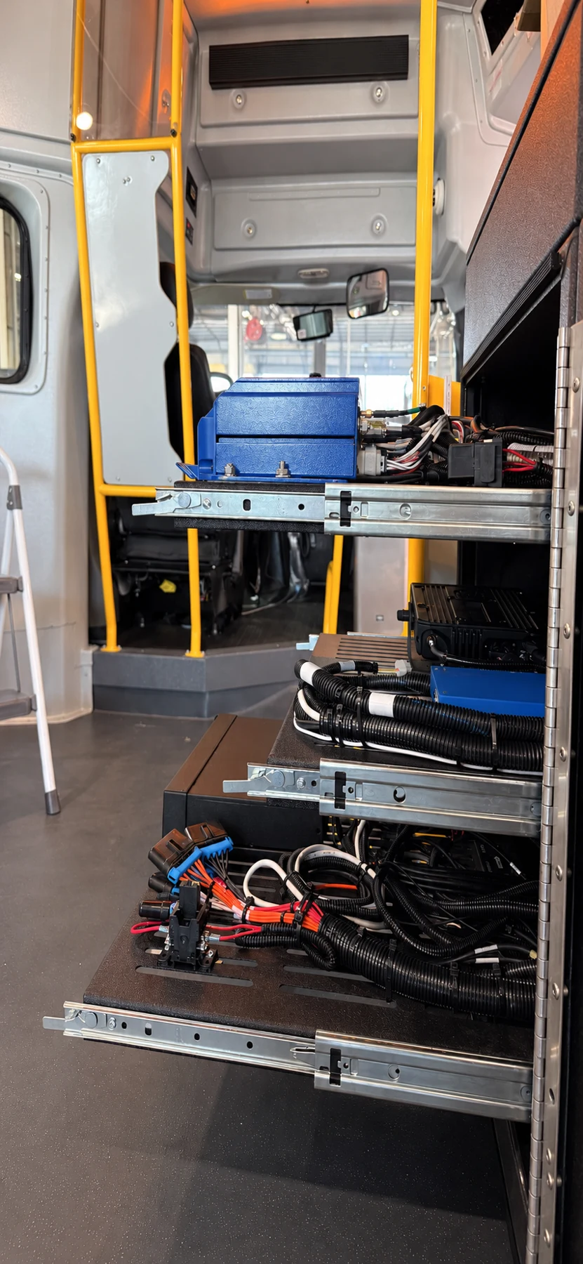Onboard equipment rack and connected wiring